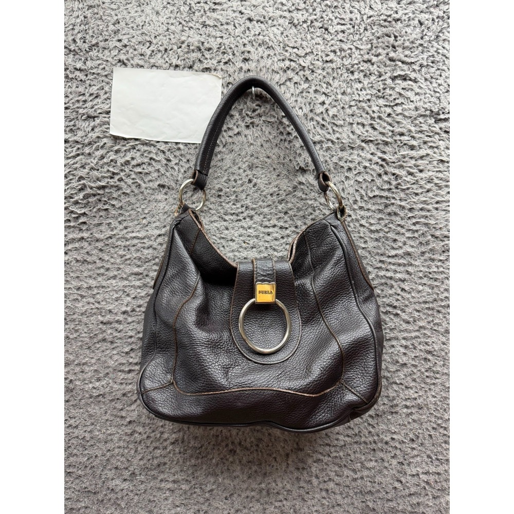 Vintage Furla Women's Genuine Pebbled Leather Hobo Shoulder Bag Dark Brown